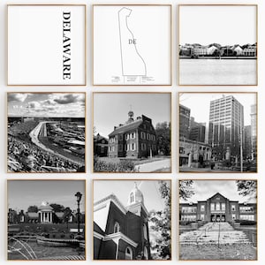 Fotografía en blanco y negro de Delaware Square, 9 piezas de arte de pared: juego de 9 impresiones con mapas de Delaware, descarga digital, galería, carteles, decoración de pared