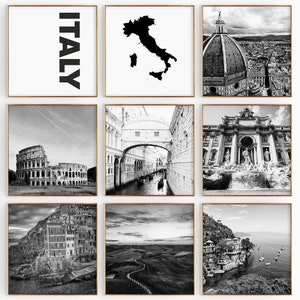 Fotografía en blanco y negro de Italia, 9 piezas de arte de pared: juego de 9 impresiones con mapas de Italia: descarga digital, carteles de galería, decoración de pared