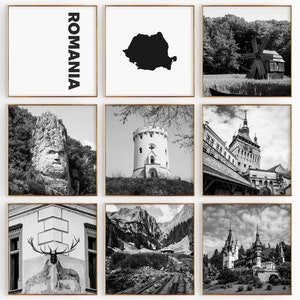 Fotografía en blanco y negro de la plaza de Rumanía, 9 piezas de arte de pared – Juego de 9 impresiones con mapa de Rumanía – Pósteres de galería con descarga digital para decoración de pared