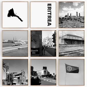 Fotografía en blanco y negro de Eritrea, 9 piezas de arte de pared – Juego de 9 impresiones de mapas de Eritrea – Descarga digital, carteles de galería, decoración de pared