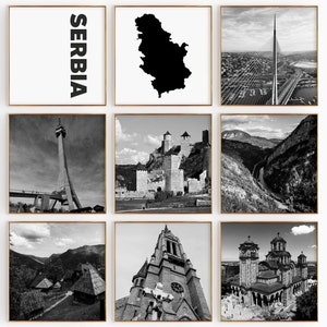 Conjunto de 9 fotografías en blanco y negro de Serbia Square – Impresión de mapas de Serbia, 9 piezas de arte de pared – Galería de descarga digital Serbia Apartamento Decoración del hogar Regalo