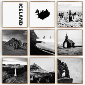 Conjunto de 9 fotografías en blanco y negro de Islandia: impresión de mapas de Islandia, 9 piezas de arte de pared: galería de descarga digital instantánea, decoración de pared para el hogar, regalo