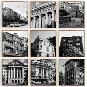 Conjunto minimalista de 9 impresiones cuadradas de Sofía, Bulgaria: fotografía en blanco y negro de Sofía, 9 piezas de arte de pared: pósteres de galería de descarga instantánea de viajes