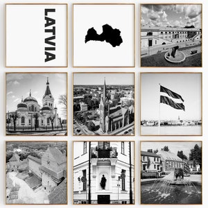 Conjunto de 9 fotografías en blanco y negro de Letonia: impresión de mapas de Letonia, 9 piezas de arte de pared: galería de descargas digitales estéticas, decoración del hogar de Letonia, regalo