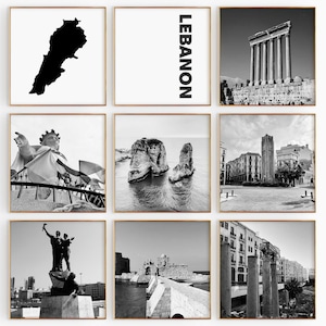 Fotografía en blanco y negro de la plaza del Líbano, 9 piezas de arte de pared, juego de 9 impresiones con el mapa del Líbano, descarga digital, carteles de galería, decoración de pared