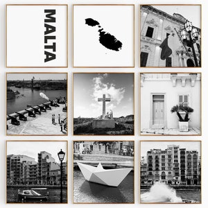 Fotografía en blanco y negro de la plaza de Malta, 9 piezas de arte de pared – Juego de 9 impresiones con el mapa de Malta – Pósteres de galería con descarga digital para decoración de pared