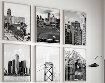 Detroit Michigan Black and White Photo 6 Piece Wall Art – Detroit Michigan Set of 6 Prints – Travel Digital Download Gallery Posters