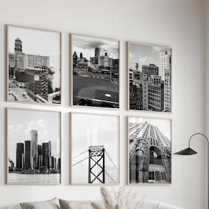 Detroit Michigan Schwarz-Weiß-Foto 6-teilige Wandkunst – Detroit Michigan Set mit 6 Drucken – Reise-Galerieposter als digitaler Download
