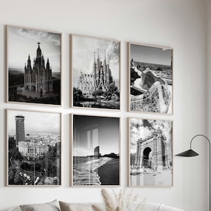 Ensemble de 6 impressions sur la ville de Barcelone, Espagne – 6 impressions d'art murales en noir et blanc de Barcelone, Espagne – Galerie de photos à téléchargement numérique dans le salon