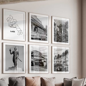 Fotografia em preto e branco do Laos Arte de parede de 9 peças - Conjunto de impressão de mapa do Laos com 9 impressões - Download digital estético Galeria de pôsteres Decoração de parede