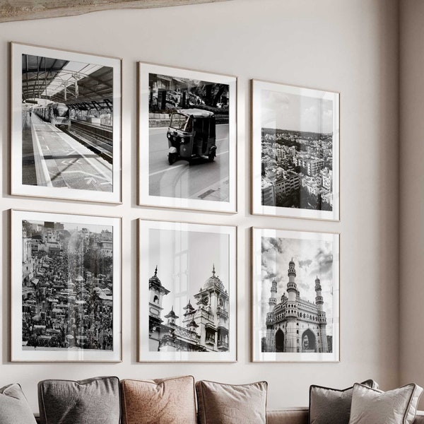Hyderabad India Set of 6 City Prints – Hyderabad India Black and White 6 Piece Wall Art Prints – Printable Digital Download Photo Gallery