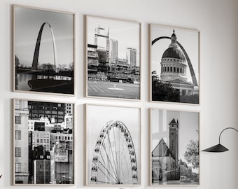 St. Louis 6 Posters Set Travel Photo MO - St. Louis Missouri State Black and White Photo 6 Piece Wall Art - St. Louis Digital Gallery Print