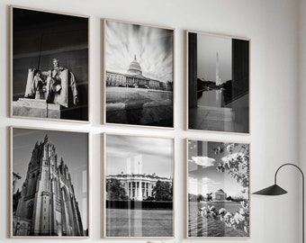 Washington DC, District of Columbia Black and White Photo 6 Piece Wall Art – Travel Washington DC, District of Columbia Set of 6 Prints