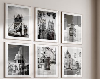 London United Kingdom Black and White Photo 6 Piece Wall Art – London United Kingdom Set of 6 Prints Travel Digital Download Gallery Posters