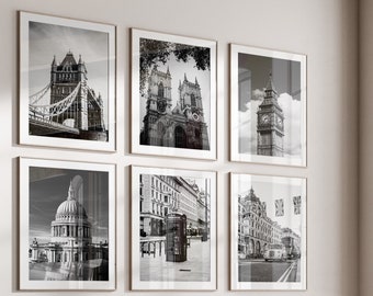 London United Kingdom Black and White Photo 6 Piece Wall Art – London United Kingdom Set of 6 Prints Travel Digital Download Gallery Posters