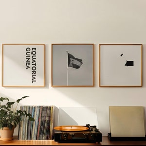 Fotografía en blanco y negro de Guinea Ecuatorial, 3 piezas de arte de pared: juego de 3 impresiones con mapas, descarga digital, galería, carteles, decoración de pared