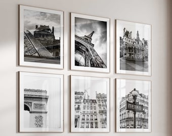Paris France Set of 6 City Prints – Paris France Black and White Photo 6 Piece Wall Art – Travel Digital Download Gallery Set Decor Posters