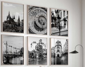 Prague Czech Republic Black and White Photograph 6 Piece Wall Art – Set of 6 Prints Living Room Travel Digital Download Gallery Posters Gift