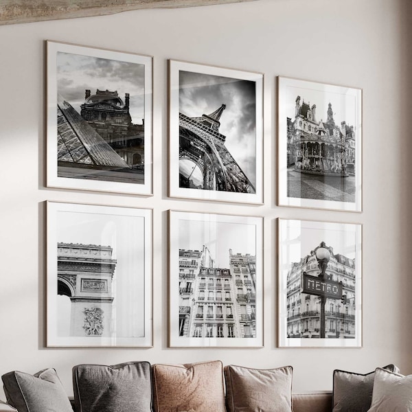 Paris France Set of 6 City Prints – Paris France Black and White Photo 6 Piece Wall Art – Travel Digital Download Gallery Set Decor Posters