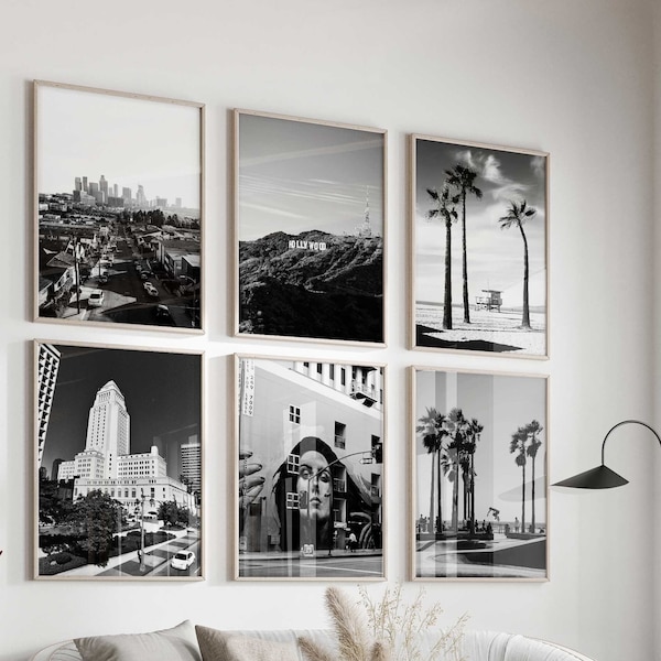 Los Angeles Californië zwart-wit foto 6-delige kunst aan de muur – Los Angeles Californië set van 6 prints – Travel Digital Gallery Posters LA