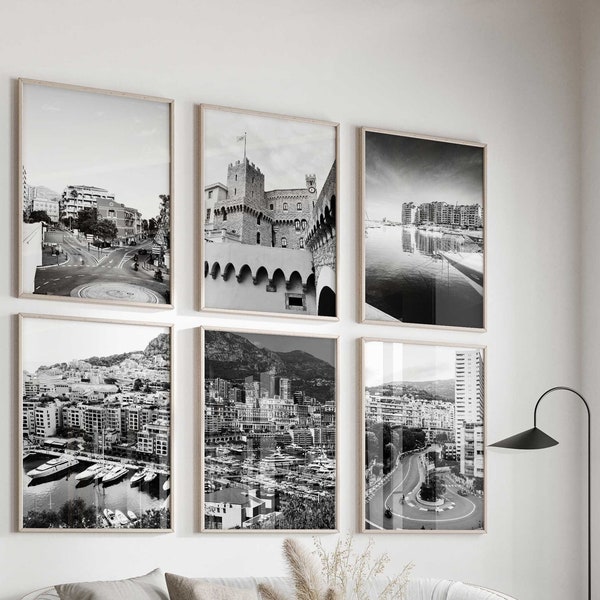Monaco Black and White Photo 6 Piece Wall Art – Monaco City-State Set of 6 Prints – Monaco City Travel Digital Download Gallery Posters