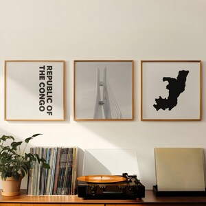 Conjunto de 3 fotografías en blanco y negro de la República del Congo: impresión de mapas, arte de pared de 3 piezas, descarga digital estética, galería, decoración del hogar, regalo