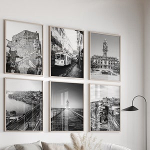 Porto Portugal Black and White Photo 6 Piece Wall Art - Porto Set of 6 Travel Photo - Porto Portugal Digital Download Gallery Printable Art