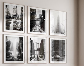 12 Prints New York Black and White Winter Gallery Wall Set - New York 12 Piece Wall Art Christmas Posters - New York Snowy Digital Photo