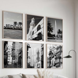 Conjunto minimalista de 6 impresiones de Jeddah, Arabia Saudita: 6 piezas de arte de pared en blanco y negro para sala de estar, viajes, descarga instantánea, pósteres de galería