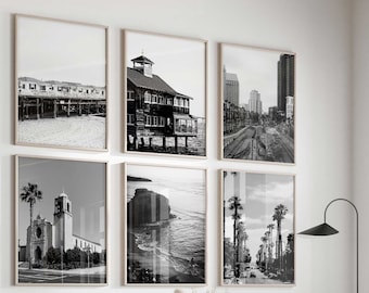 6-delige muurkunst San Diego, Californië, zwart-witfoto – San Diego, Californië, set van 6 prints, reizen, digitale downloadgalerij, posters |