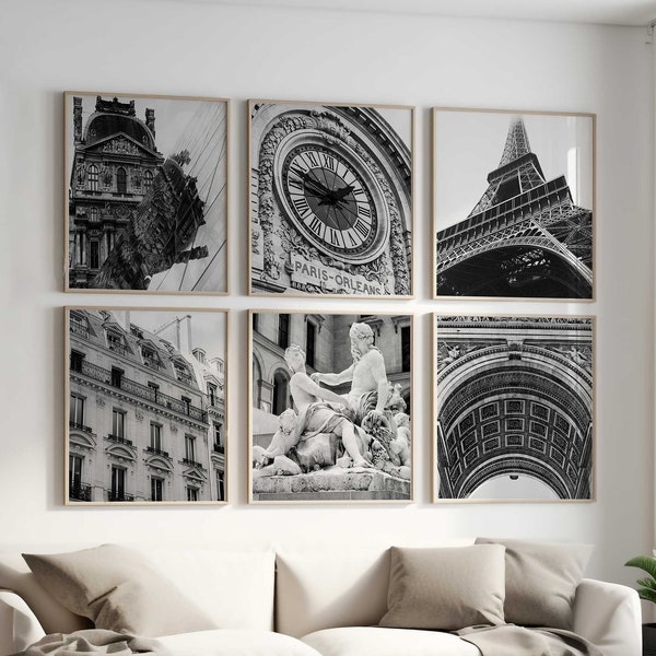 Paris France Set of 6 Square City Photo – Paris France Black and White Prints 6 Piece Wall Art – Europe Travel Digital Download Gallery Set