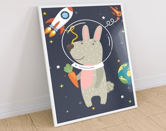 Nursery Space Wall Art Kids Space Printable Space Wall Art Print Outer Space Nursery Animals in Space Rabbit Astronaut Wall Art