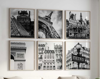 Paris France Set of 6 Square City Prints – Paris Black and White Photo 6 Piece Wall Art – Travel Digital Download Gallery Set Posters |