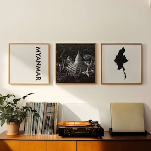 Myanmar Square Conjunto de 3 fotos en blanco y negro – Impresión de mapas Myanmar 3 Piece Wall Art – Galería de descarga digital estética Home Decor Gift Set