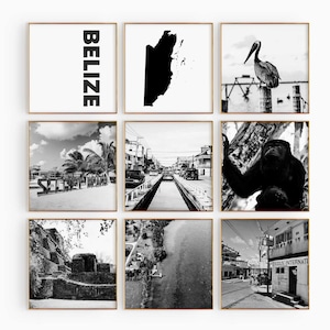Fotografía en blanco y negro de Belice, 9 piezas de arte de pared – Juego de 9 impresiones de mapas de Belice – Descarga digital, carteles de galería, decoración de pared