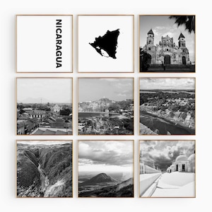 Conjunto de 9 fotos en blanco y negro de Nicaragua. Impresión de mapa de Nicaragua. Arte mural de 9 piezas. Galería de descarga digital. Decoración para el hogar de Nicaragua. Regalo.