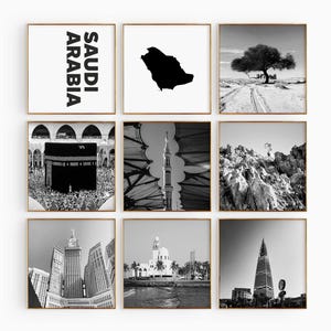 Conjunto de 9 fotografías en blanco y negro de Arabia Saudita: impresión de mapas, 9 piezas de arte de pared, galería de descarga digital, regalo de decoración del hogar de Arabia Saudita
