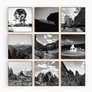 Fotografía cuadrada en blanco y negro de Colorado Springs, Colorado, 9 piezas de arte de pared – Colorado, EE. UU., conjunto de 9 impresiones – Pósteres digitales de viaje para descargar como regalo
