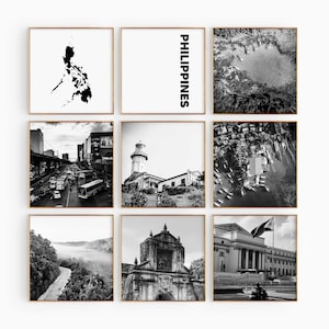 Conjunto de 9 fotografías en blanco y negro de Filipinas: impresión de mapas de Filipinas, 9 piezas de arte de pared: galería de descarga digital, decoración de pared para el hogar, regalo