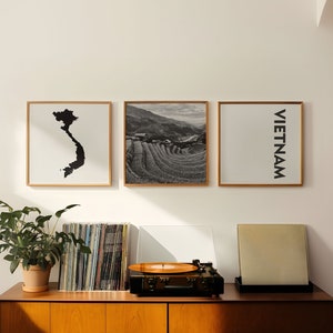 Vietnam Square Conjunto de 3 fotos en blanco y negro – Impresión de mapas Vietnam Arte de pared de 3 piezas – Galería de descargas digitales Vietnam Home Decor Gift Set