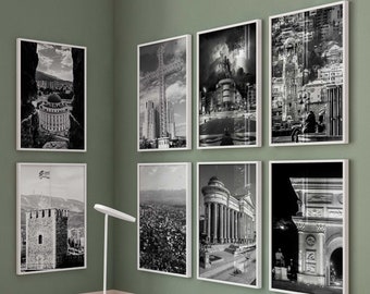 8 oeuvres d'art murales en noir et blanc Skopje Macédoine du Nord - Ensemble de 8 impressions Skopje Macédoine du Nord - Posters numériques de galerie de voyage