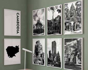 カンボジアの白黒写真8枚組ウォールアート – 東南アジア地図プリント8枚セット デジタルダウンロードギャラリーポスター壁装飾|