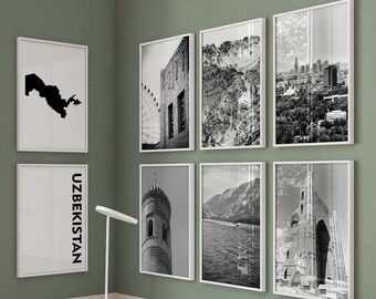 Uzbekistan, set di 8 stampe fotografiche in bianco e nero – Mappa dell'Uzbekistan – Poster digitali per la decorazione delle pareti