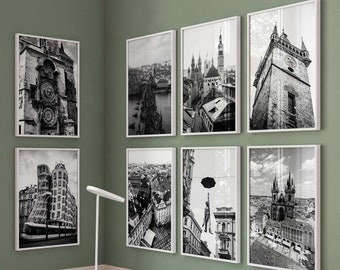 Prague Czech Republic Black and White Photo 8 Piece Wall Art – Prague Czech Republic Set of 8 Prints Travel Digital Download Gallery Poster