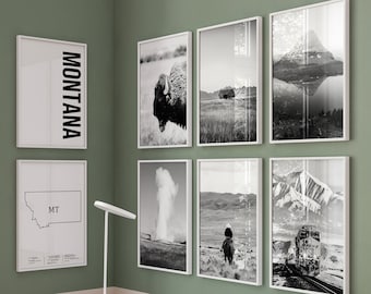 Montana Black and White Photo 8 Piece Wall Art – Montana State Set of 8 Prints – Travel Digital Download Gallery Posters – Montana Decor