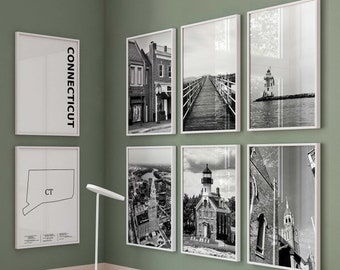 Connecticut Schwarz-Weiß-Foto, 8-teiliges Wandkunstwerk – Connecticut-Set mit 8 Drucken – Reise-Galerie-Poster zum digitalen Download – Connecticut CT