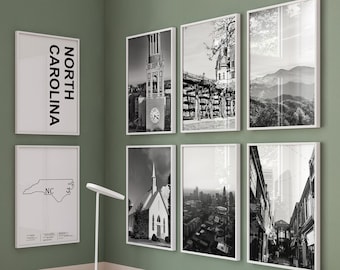 North Carolina State NC Black and White Photo 8 Piece Wall Art - North Carolina Set of 8 Travel Photo - Map Digital Download Gallery Prints