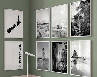 New Zealand Black and White Photograph 8 Piece Wall Art – New Zealand Map Print Set of 8 Prints Digital Download Gallery Posters Wall Decor