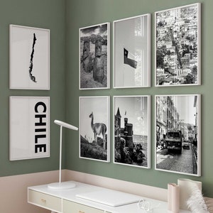 Chile Schwarz-Weiß-Fotografie - 8-teilige Wandkunst - Chile Karte - 8-teiliges Fotodruck-Set 8 Stück