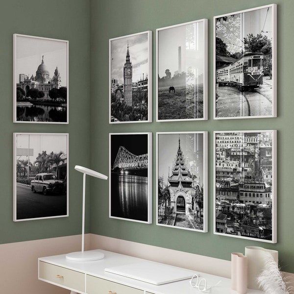 Kolkata West Bengal India Set of 8 City Prints – Kolkata India Black and White 8 Piece Wall Art Prints – Digital Download Photo Gallery Gift